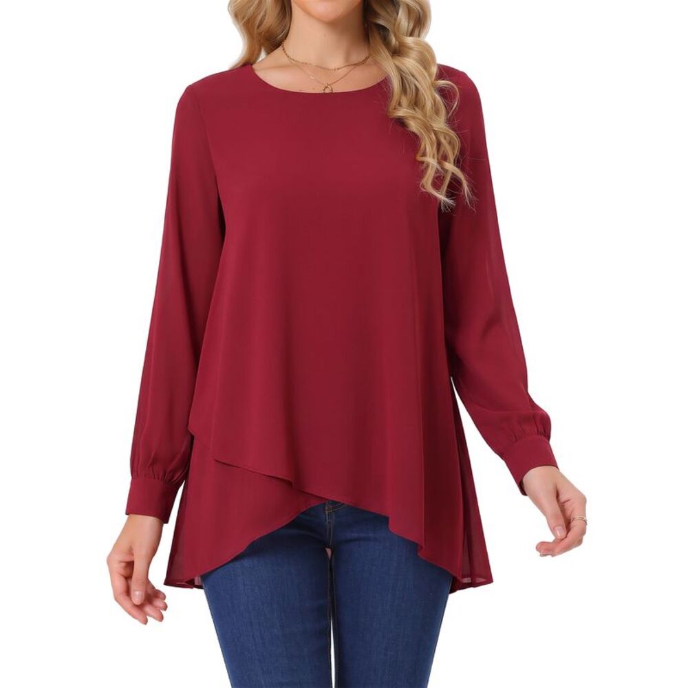 Women's High Low Tops  Asymmetrical Loose Shirt Chiffon Blouse Wine Red